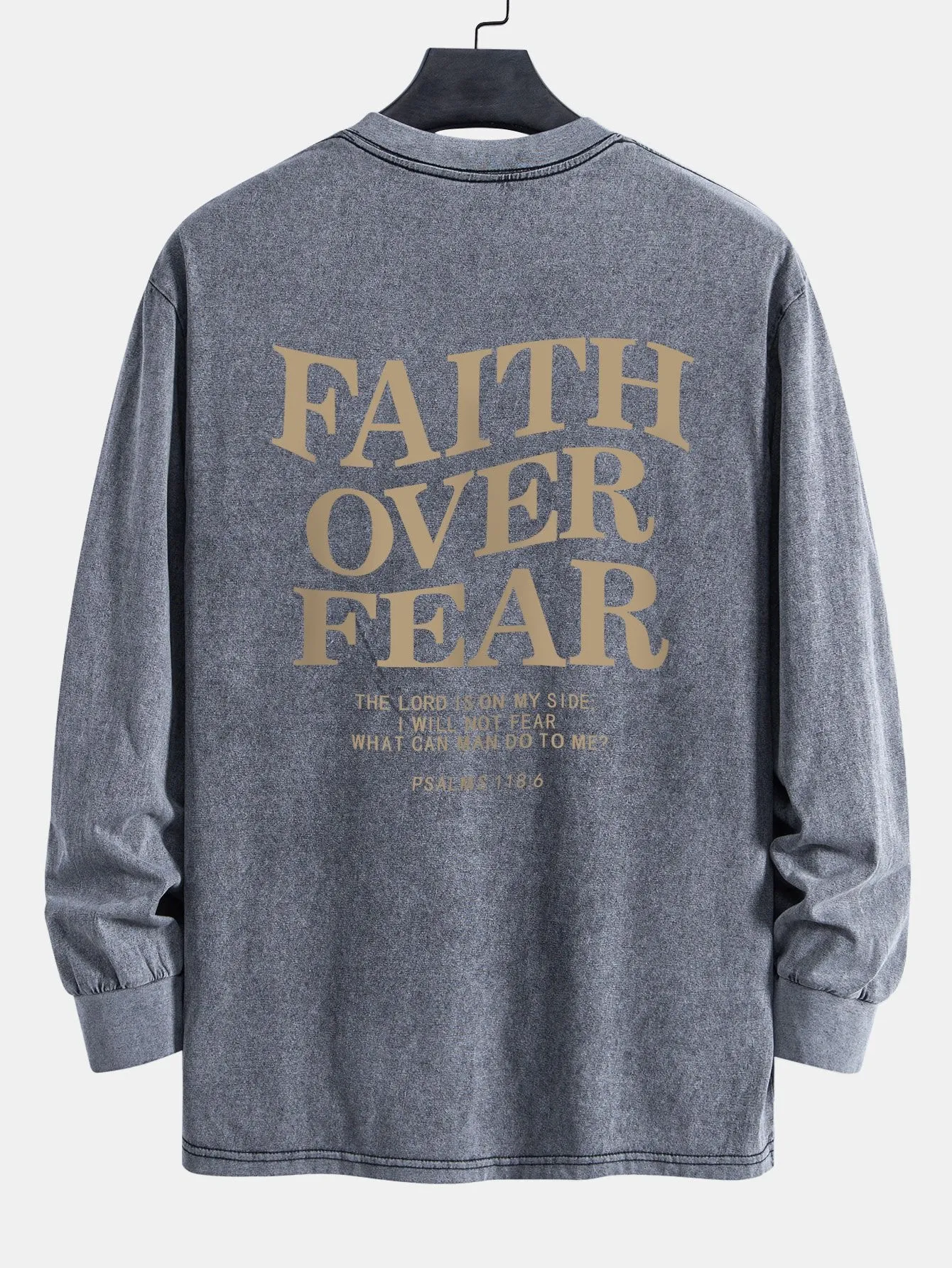 Faith Over Fear Print Relax Fit Long Sleeve Washed Distressed T-Shirt sold by Hoooyi product image thumbnail 3