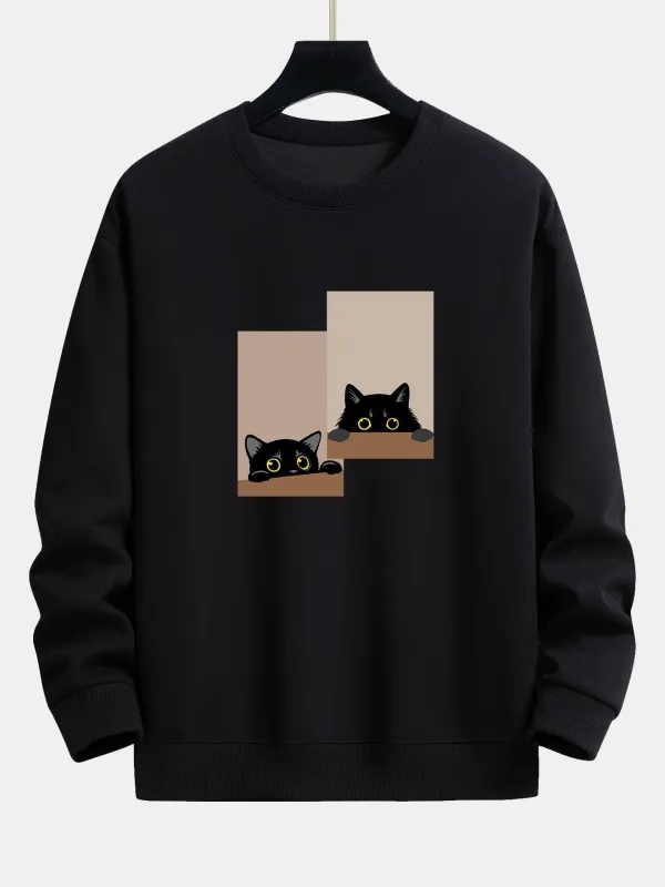Black Cat Staring Print Relax Fit Sweatshirt sold by Hoooyi