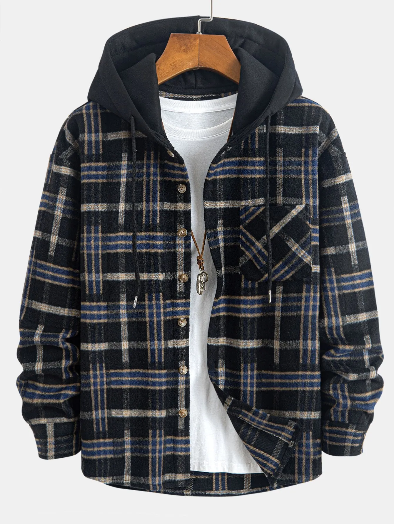 Relax Fit Heavy Weight Flannel Plaid Hooded Shirt sold by Hoooyi product image thumbnail 3