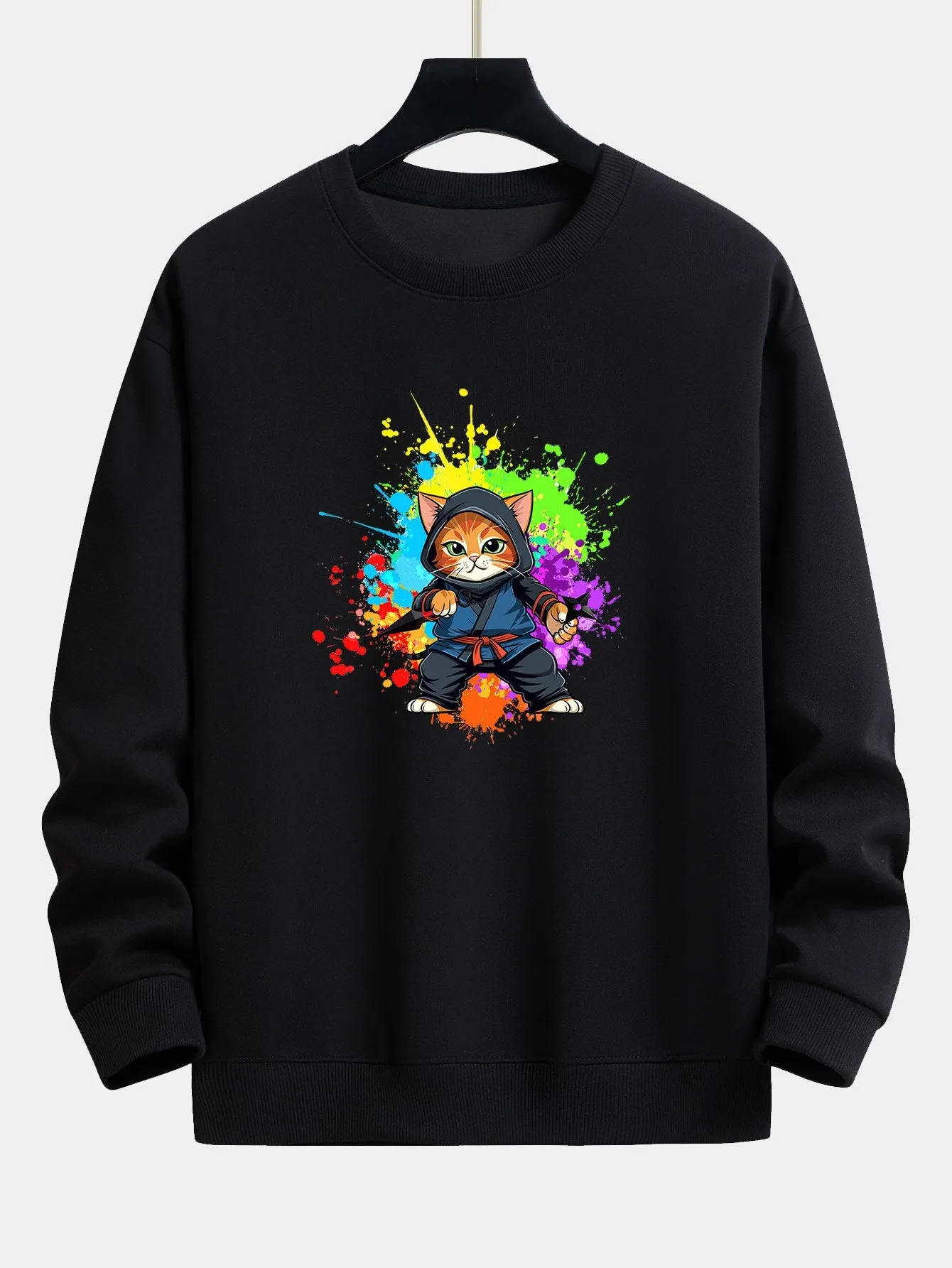 Graffiti Ninja Cat Print Relax Fit Sweatshirt sold by Hoooyi