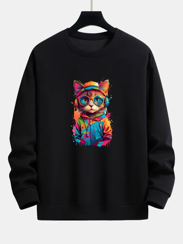 Graffiti Cat Print Relax Fit Sweatshirt sold by Hoooyi