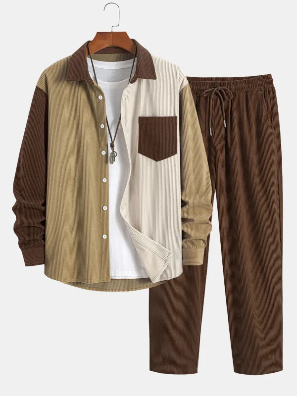 Corduroy Patchwork Shirt & Straight Leg Corduroy Pants sold by Hoooyi