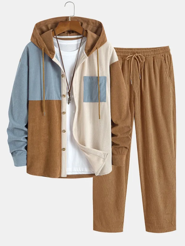 Relax Fit Colorblock Corduroy Hooded Shirt & Straight Leg Corduroy Pants sold by Hoooyi
