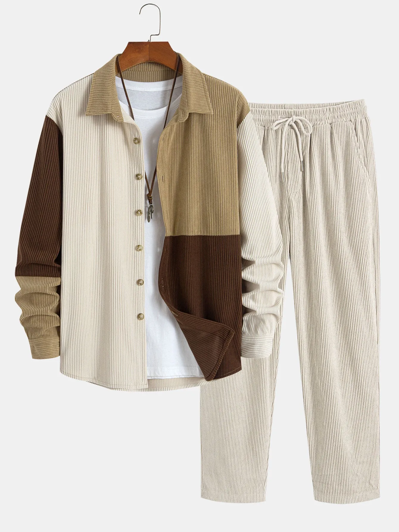 Colorblock Corduroy Button Up Shirt & Straight Leg Corduroy Pants sold by Hoooyi product image thumbnail 2