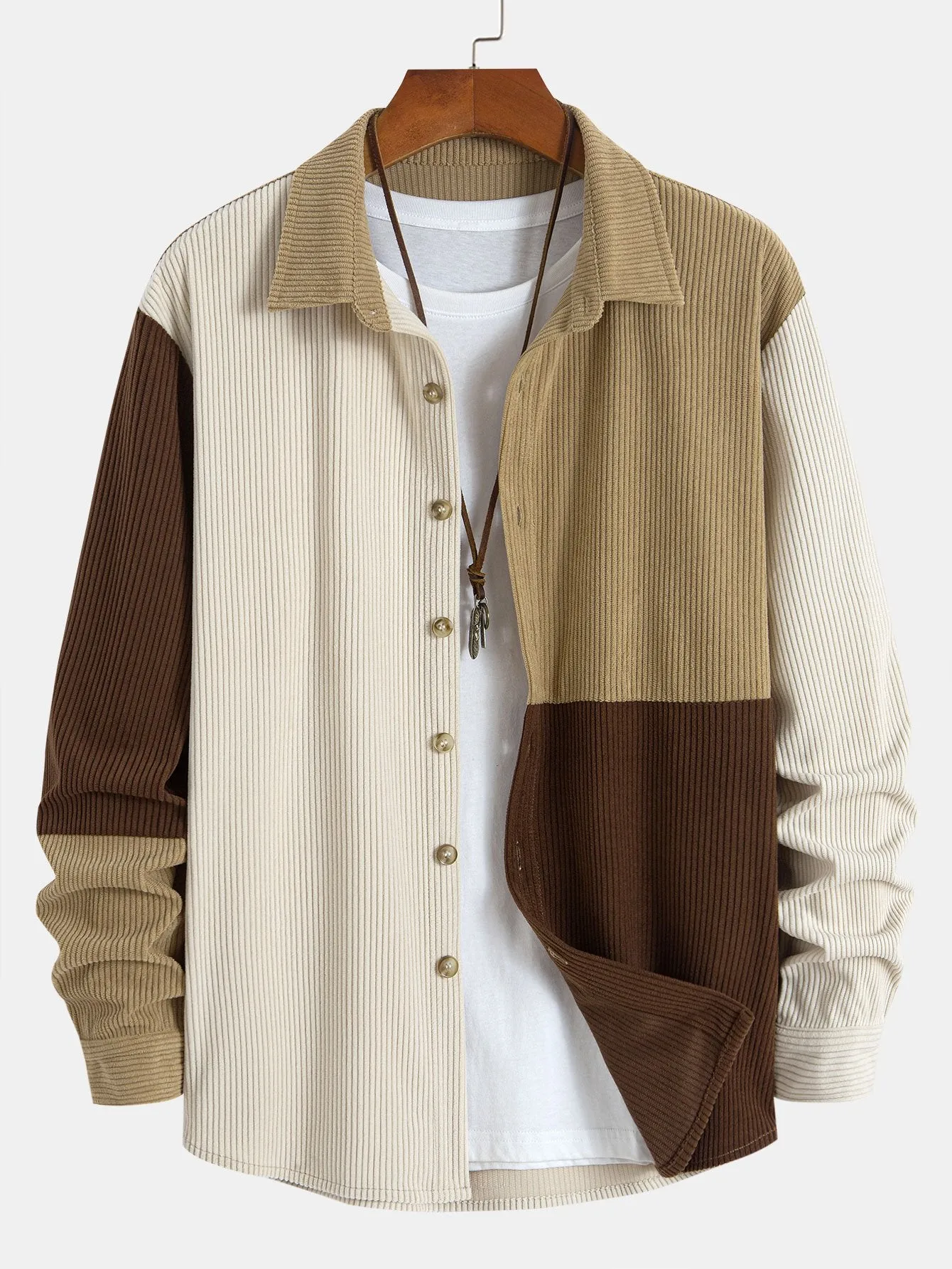 Colorblock Corduroy Button Up Shirt & Straight Leg Corduroy Pants sold by Hoooyi product image thumbnail 3