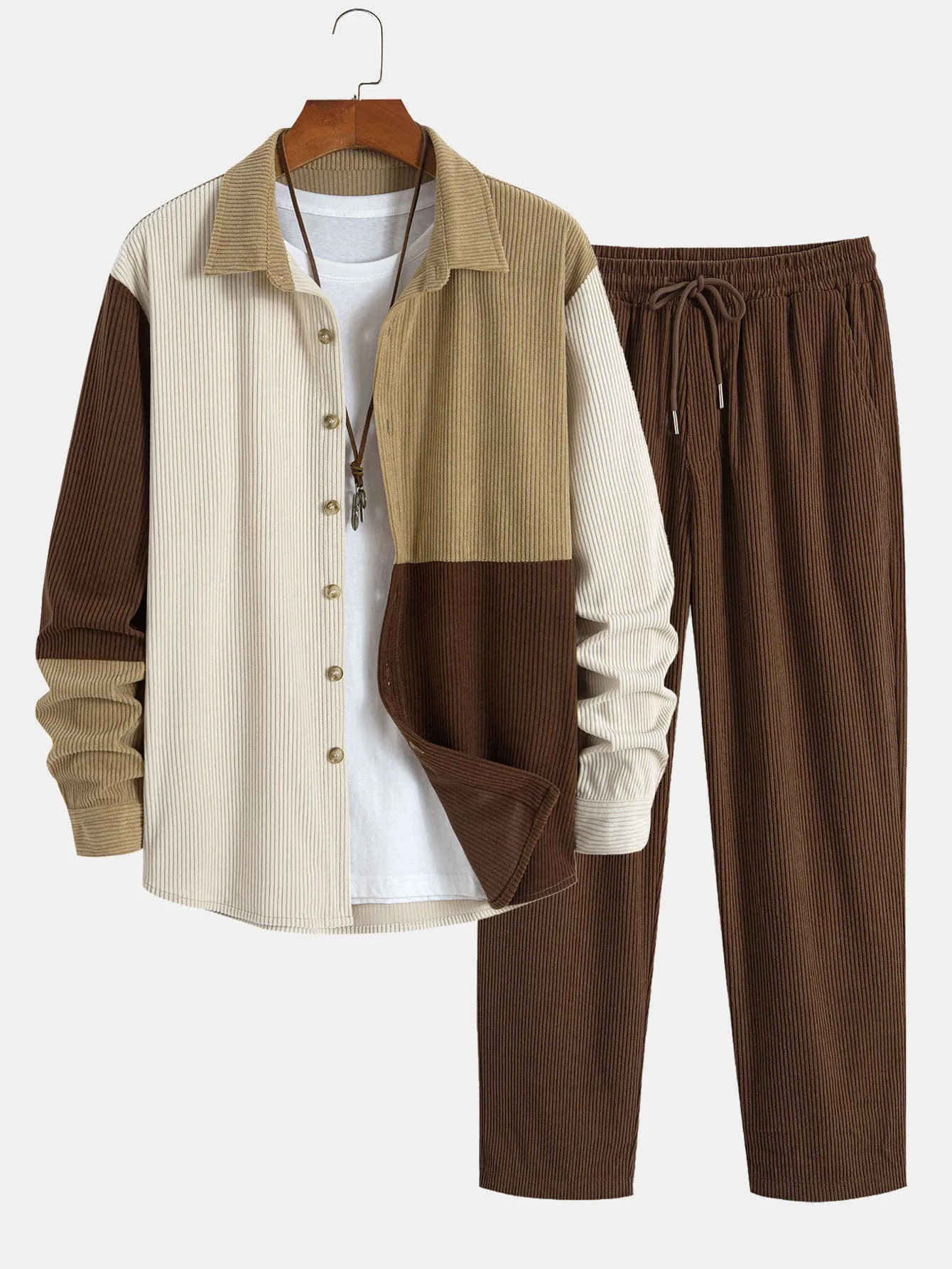 Colorblock Corduroy Button Up Shirt & Straight Leg Corduroy Pants sold by Hoooyi