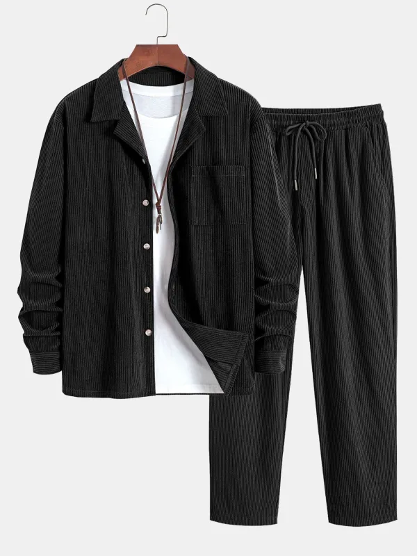 Long Sleeve Corduroy Cuban Collar Shirt & Straight Leg Corduroy Pants sold by Hoooyi