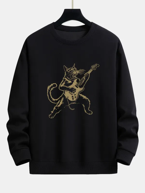 Rock Bass Cat Print Relax Fit Sweatshirt sold by Hoooyi