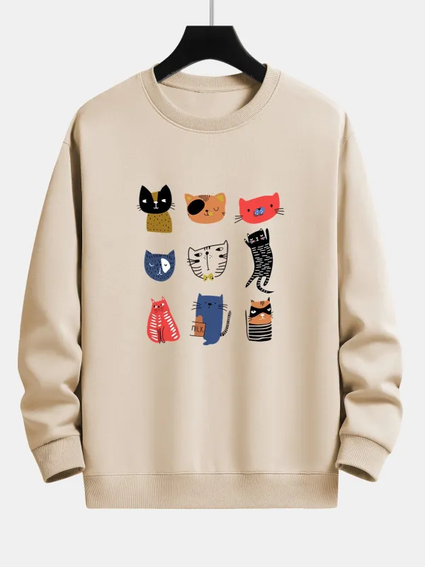 Cartoon Cat Print Relax Fit Sweatshirt made by Hoooyi