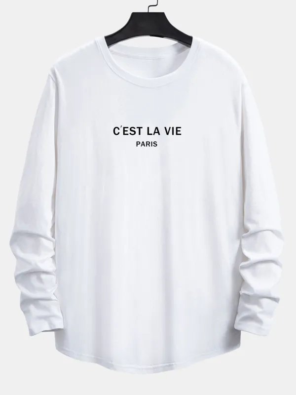 Long Sleeve Paris Slogan Print Cotton Arc Hem T-Shirt sold by Hoooyi
