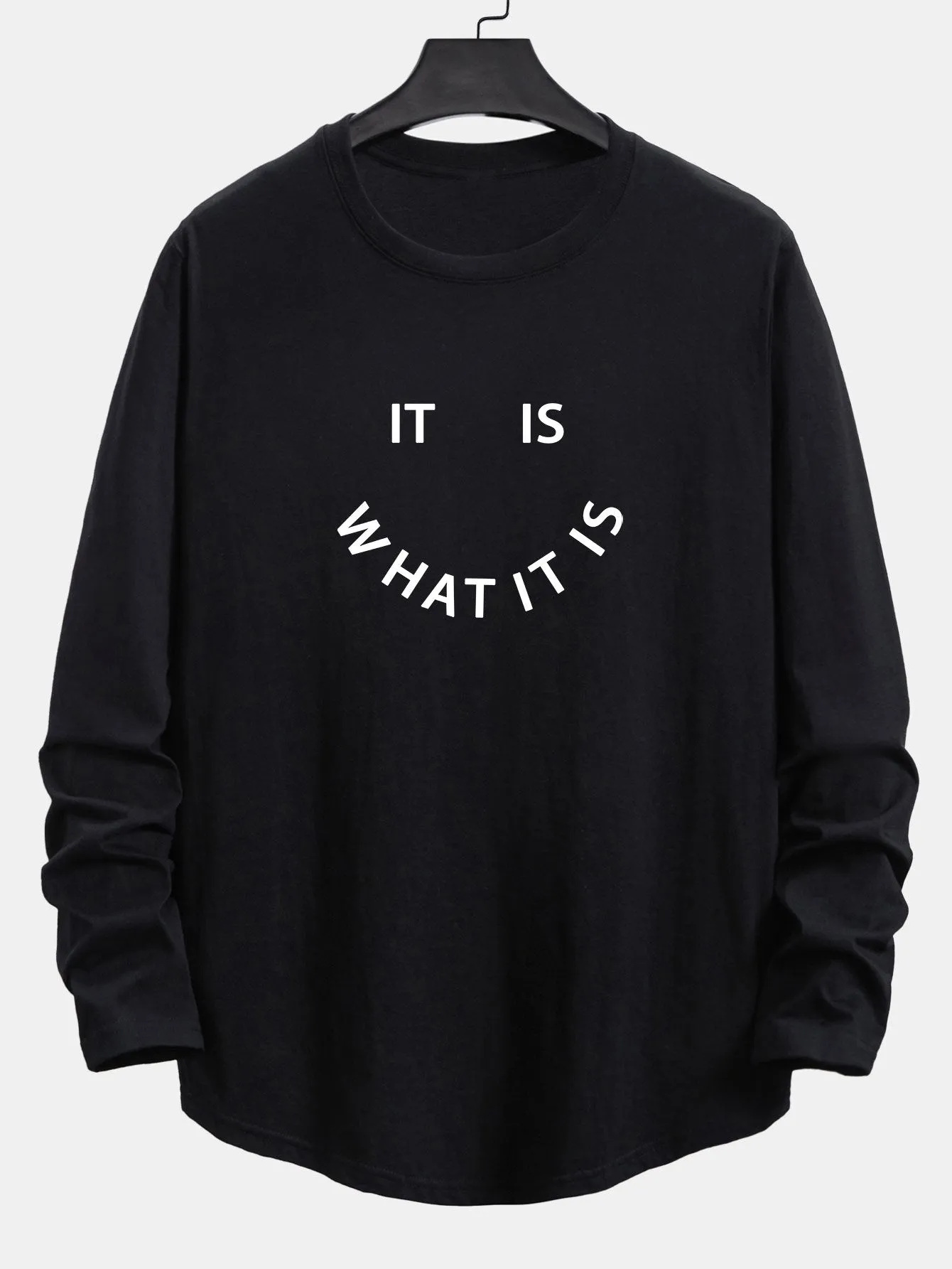 Long Sleeve Slogan Print Cotton Arc Hem T-Shirt sold by Hoooyi