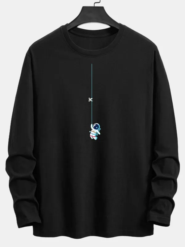 Long Sleeve Astronaut On A Rope Print Cotton T-Shirt sold by Hoooyi