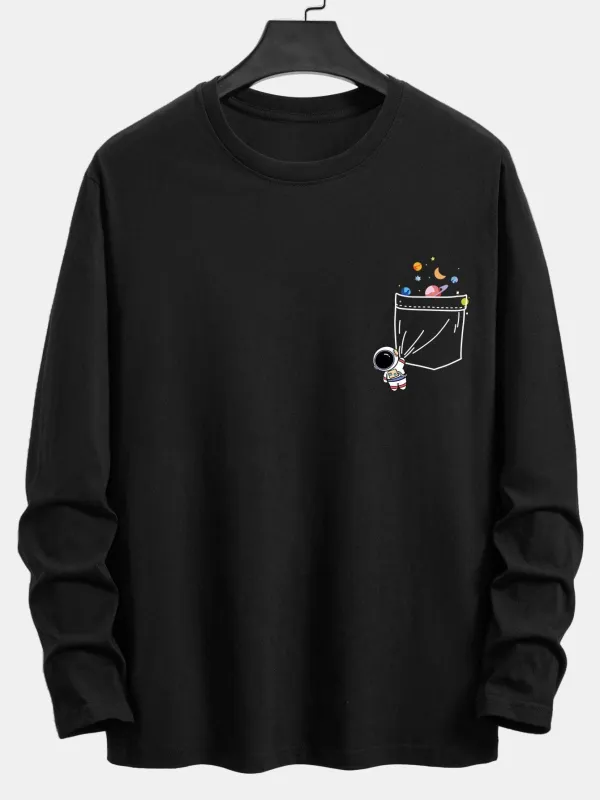 Long Sleeve Pocket Planet Astronaut Print Cotton T-Shirt sold by Hoooyi