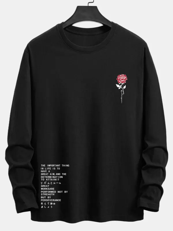 Long Sleeve Slogon Rose Print Cotton T-Shirt made by Hoooyi