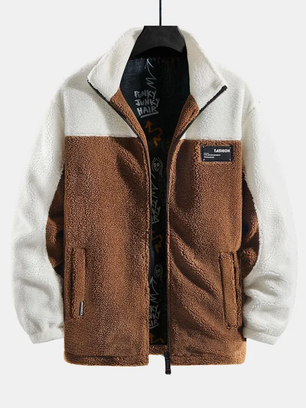 Teddy Fleece Patchwork Zip Up Jacket sold by Hoooyi