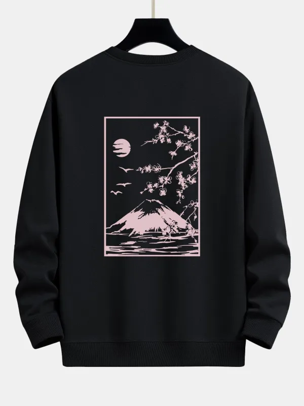 Mt.Fuji Cherry Blossoms Back Print Relax Fit Sweatshirt sold by Hoooyi