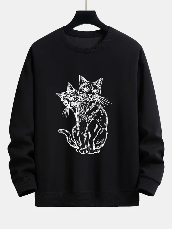 Two Cats Print Relax Fit Sweatshirt sold by Hoooyi