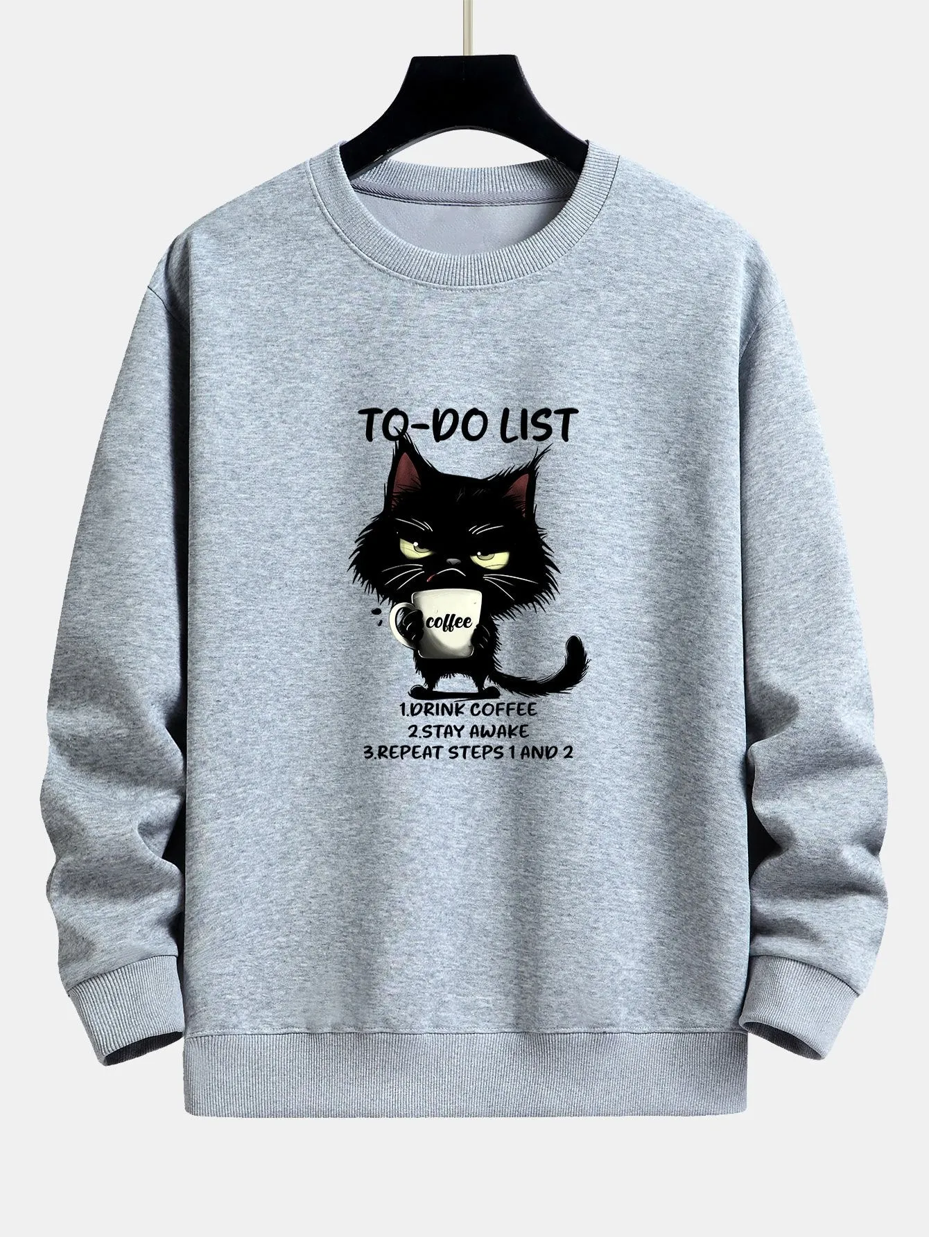 Cat Drinking Coffee Print Relax Fit Sweatshirt sold by Hoooyi product image thumbnail 4