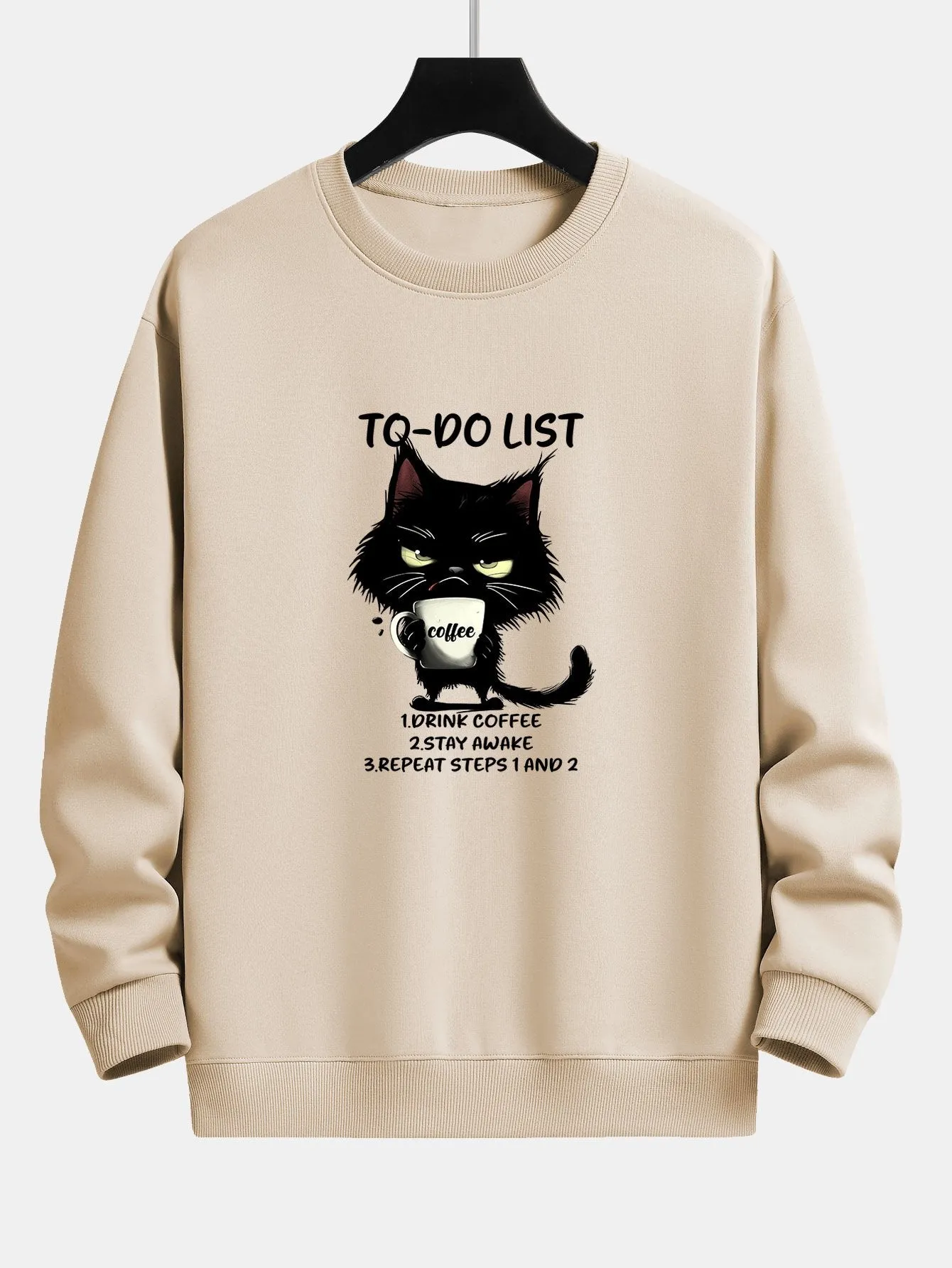 Cat Drinking Coffee Print Relax Fit Sweatshirt sold by Hoooyi product image thumbnail 3