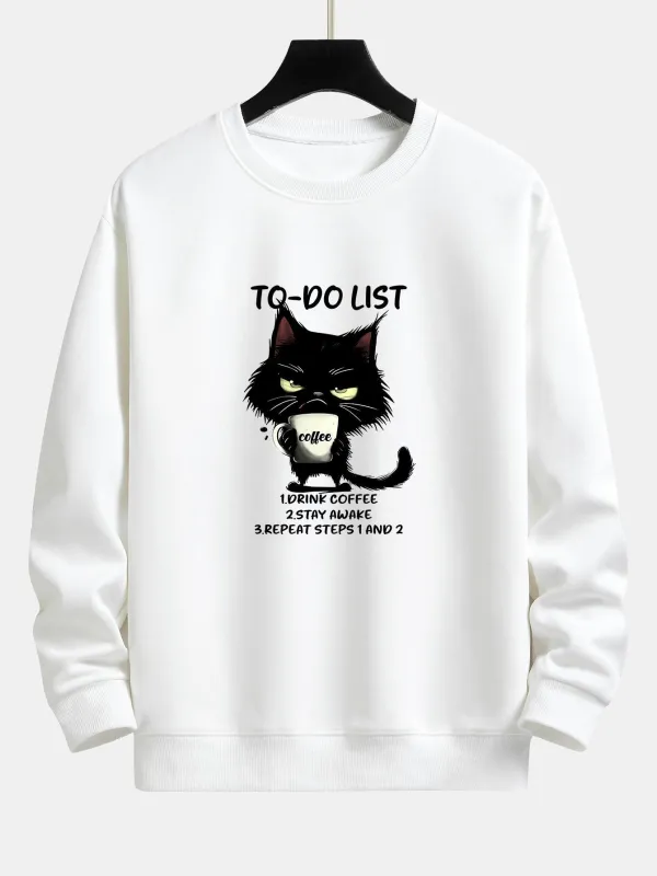 Cat Drinking Coffee Print Relax Fit Sweatshirt sold by Hoooyi