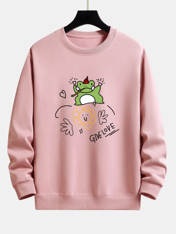 Smiley Flower Frog Print Relax Fit Sweatshirt sold by Hoooyi