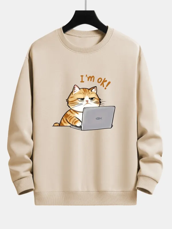 Tired Working Cat Print Relax Fit Sweatshirt sold by Hoooyi