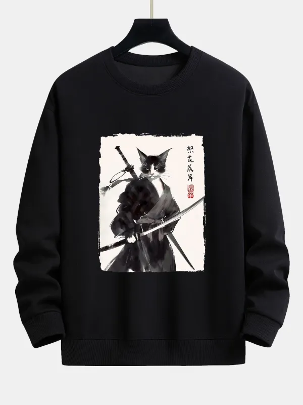 Warrior Cat Print Relax Fit Sweatshirt sold by Hoooyi