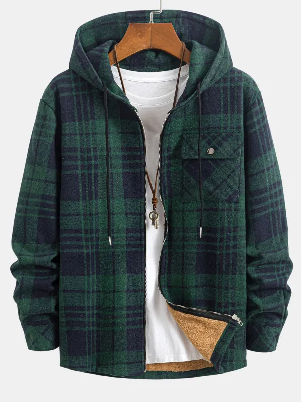 Teddy Lined Flannel Plaid Hooded Shirt sold by Hoooyi