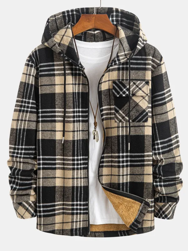 Teddy Lined Flannel Plaid Hooded Shirt sold by Hoooyi
