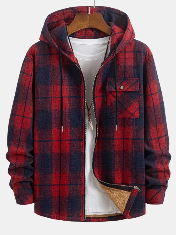 Teddy Lined Flannel Plaid Hooded Shirt sold by Hoooyi