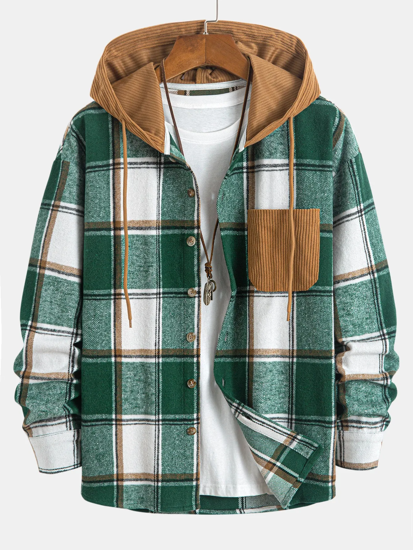 Relax Fit Contrast Corduroy Plaid Hooded Shirt sold by Hoooyi product image thumbnail 3