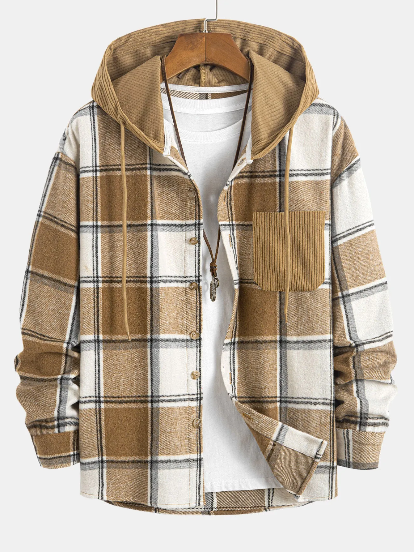 Relax Fit Contrast Corduroy Plaid Hooded Shirt sold by Hoooyi product image thumbnail 5