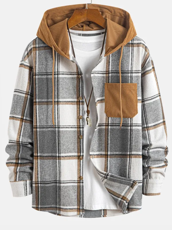 Relax Fit Contrast Corduroy Plaid Hooded Shirt sold by Hoooyi