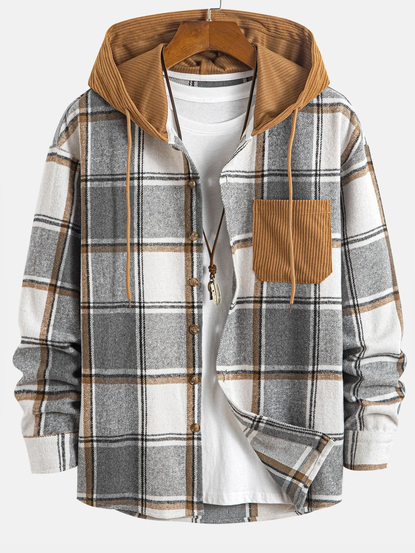 Relax Fit Contrast Corduroy Plaid Hooded Shirt sold by Hoooyi