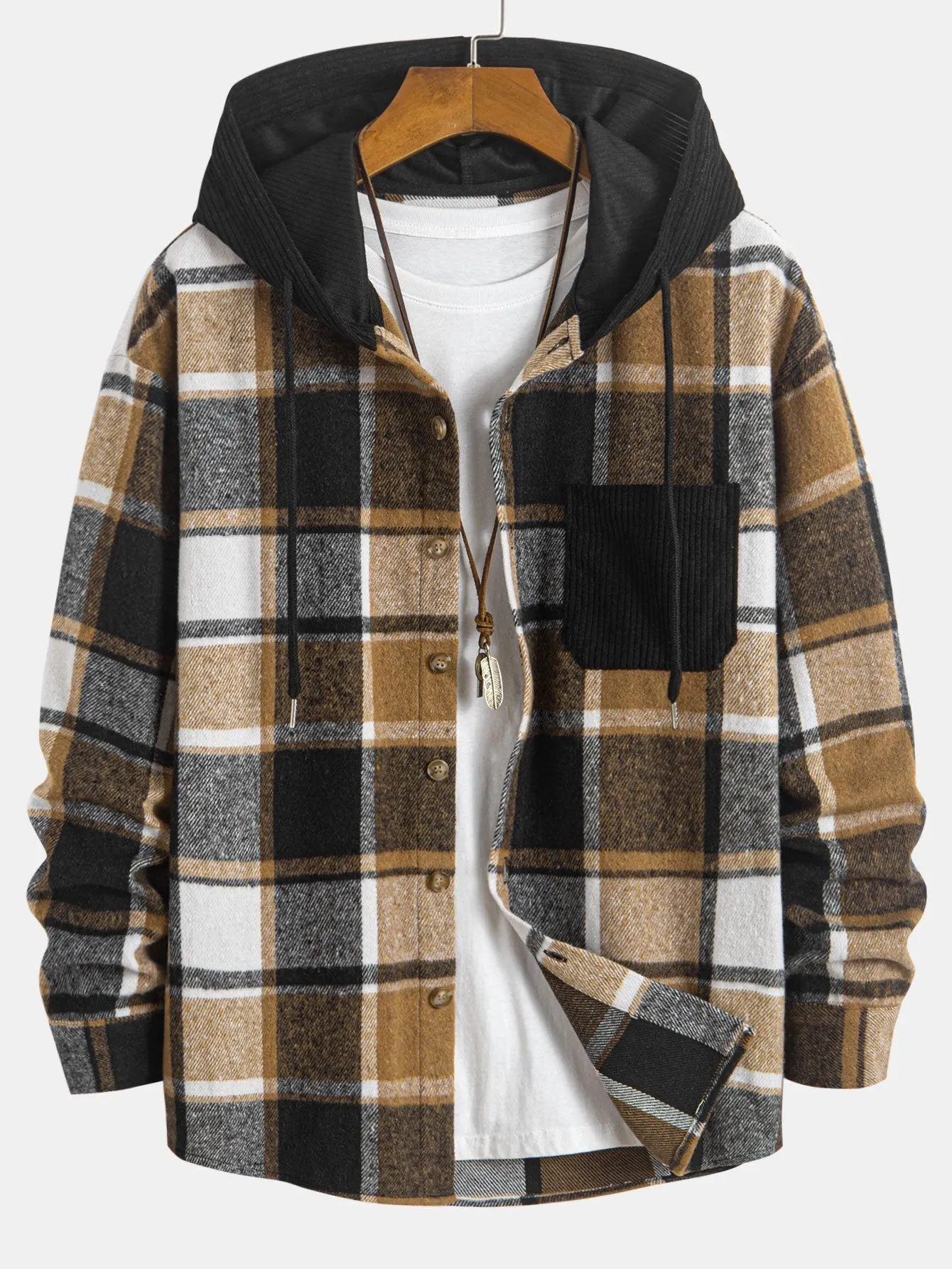 Relax Fit Corduroy Plaid Hooded Shirt sold by Hoooyi