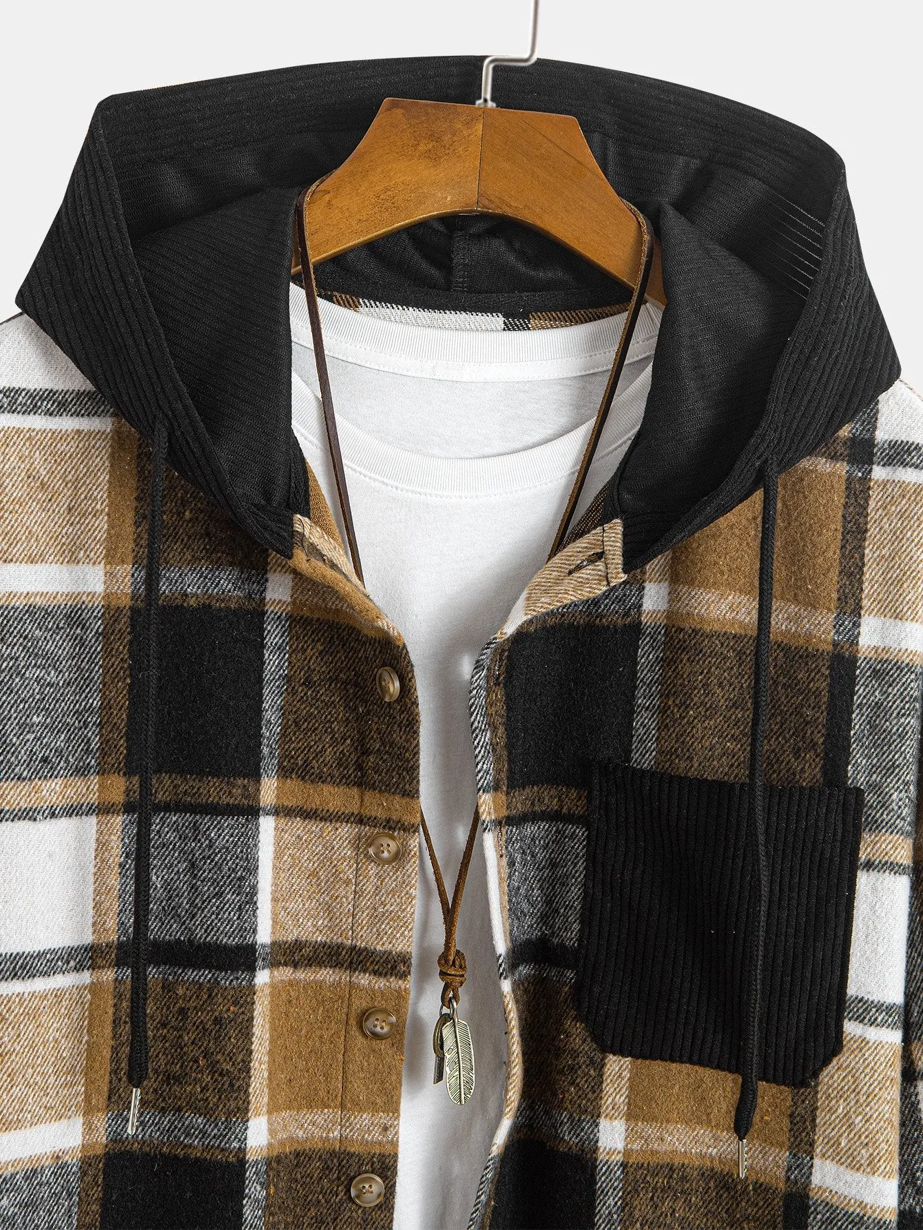 Relax Fit Corduroy Plaid Hooded Shirt sold by Hoooyi product image thumbnail 3