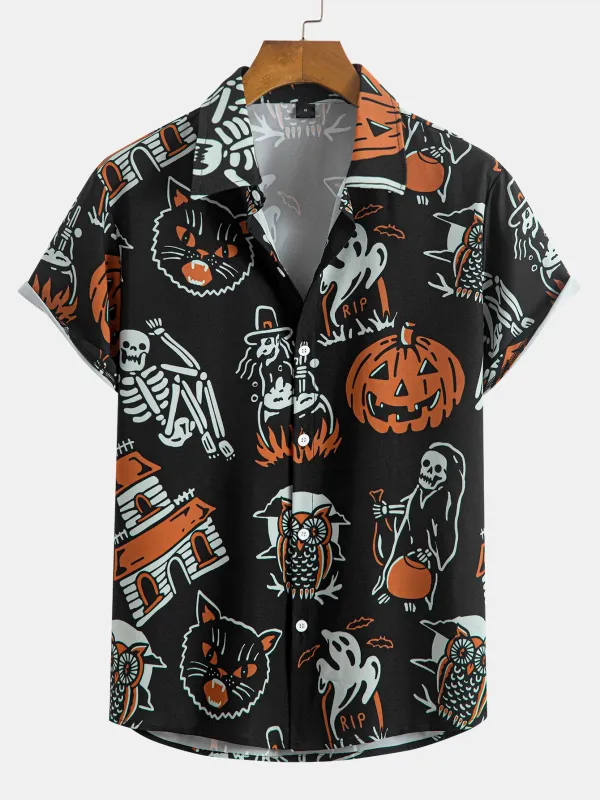 Skeleton Ghost Black Cat Button Up Shirt sold by Hoooyi