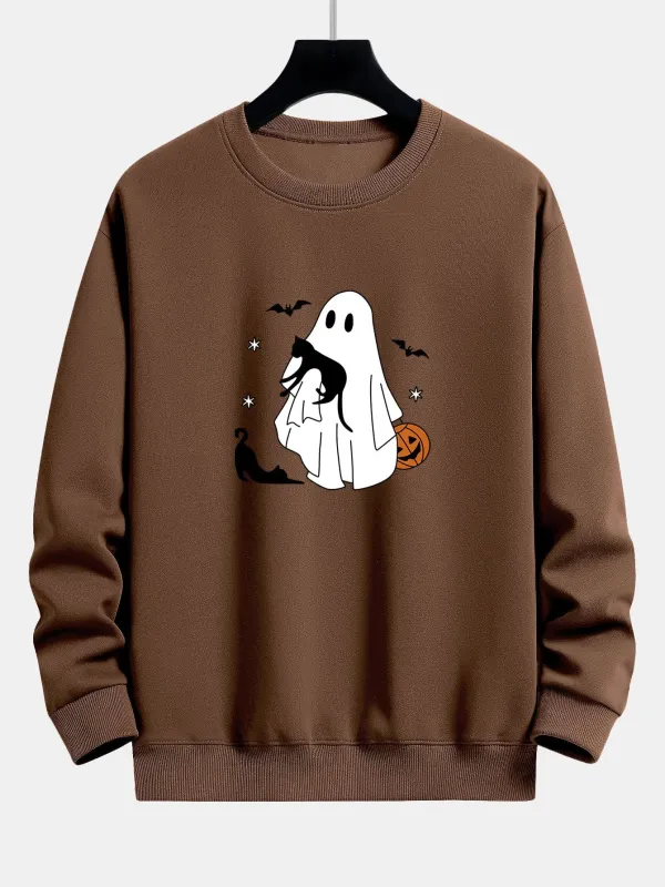 Halloween Ghost Black Cat Print Relax Fit Sweatshirt sold by Hoooyi
