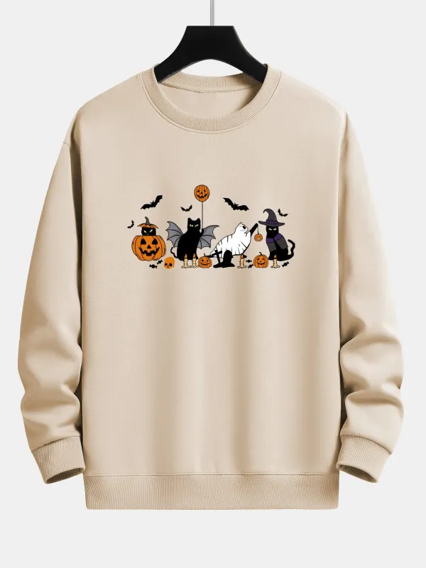 Halloween Pumpkin Black Cat Print Relax Fit Sweatshirt made by Hoooyi