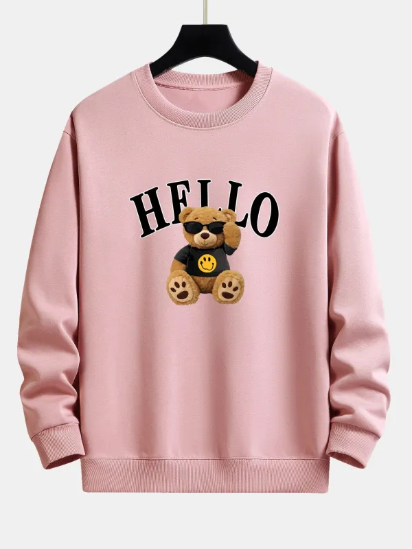 Hello Sunglasses Bear Print Relax Fit Sweatshirt sold by Hoooyi