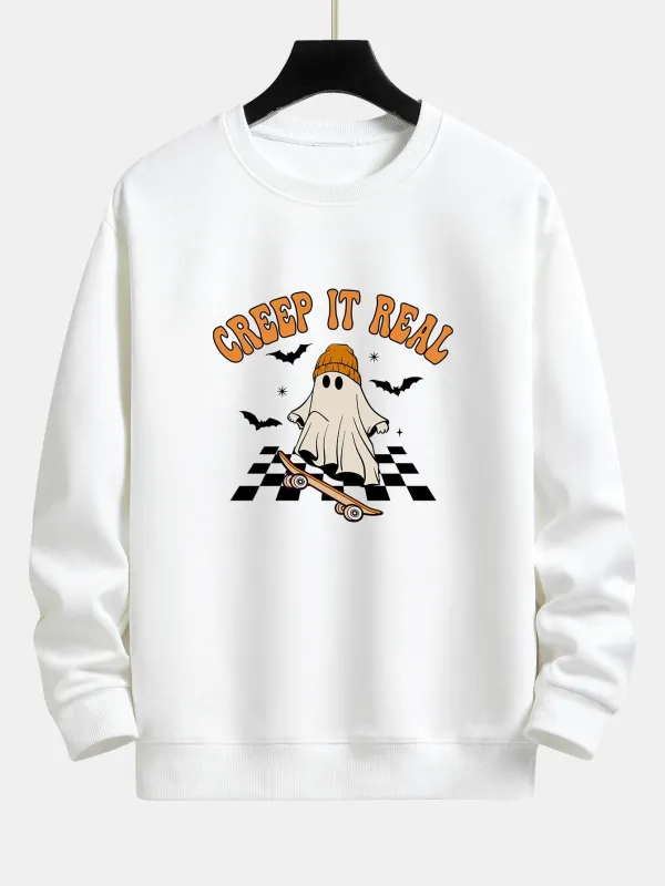 Halloween Skateboard Ghost Print Relax Fit Sweatshirt sold by Hoooyi