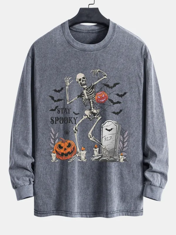 Halloween Skeleton Stay Spooky Print Relax Fit Long Sleeve Washed Distressed T-Shirt sold by Hoooyi