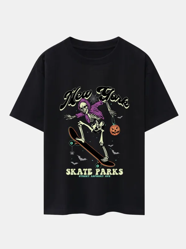 Halloween Skateboard Skeleton Print Drop Shoulder Oversize T-Shirt sold by Hoooyi