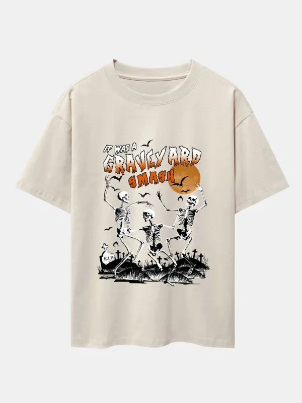 Halloween Dancing Skeleton Print Drop Shoulder Oversize T-Shirt sold by Hoooyi