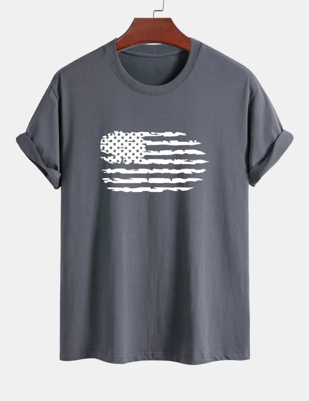 Regular Fit American Flag Print Cotton T-Shirt sold by Hoooyi
