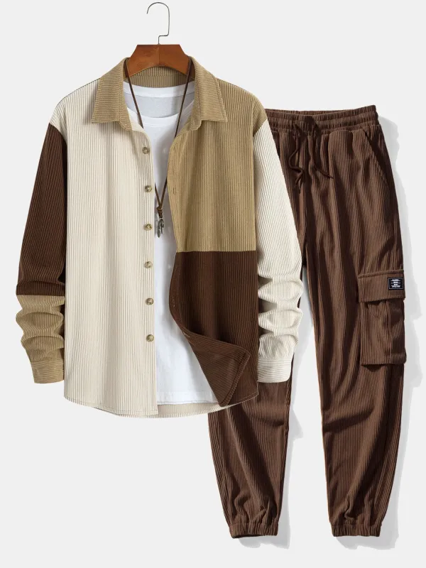 Colorblock Corduroy Button Up Shirt & Drawstring Corduroy Cargo Jogger Pants sold by Hoooyi