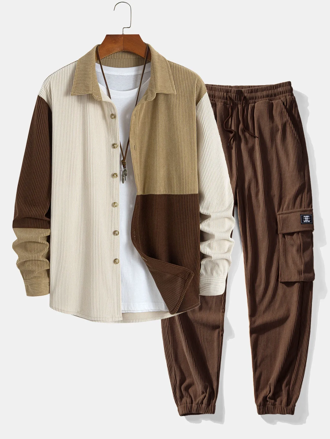 Colorblock Corduroy Button Up Shirt & Drawstring Corduroy Cargo Jogger Pants sold by Hoooyi