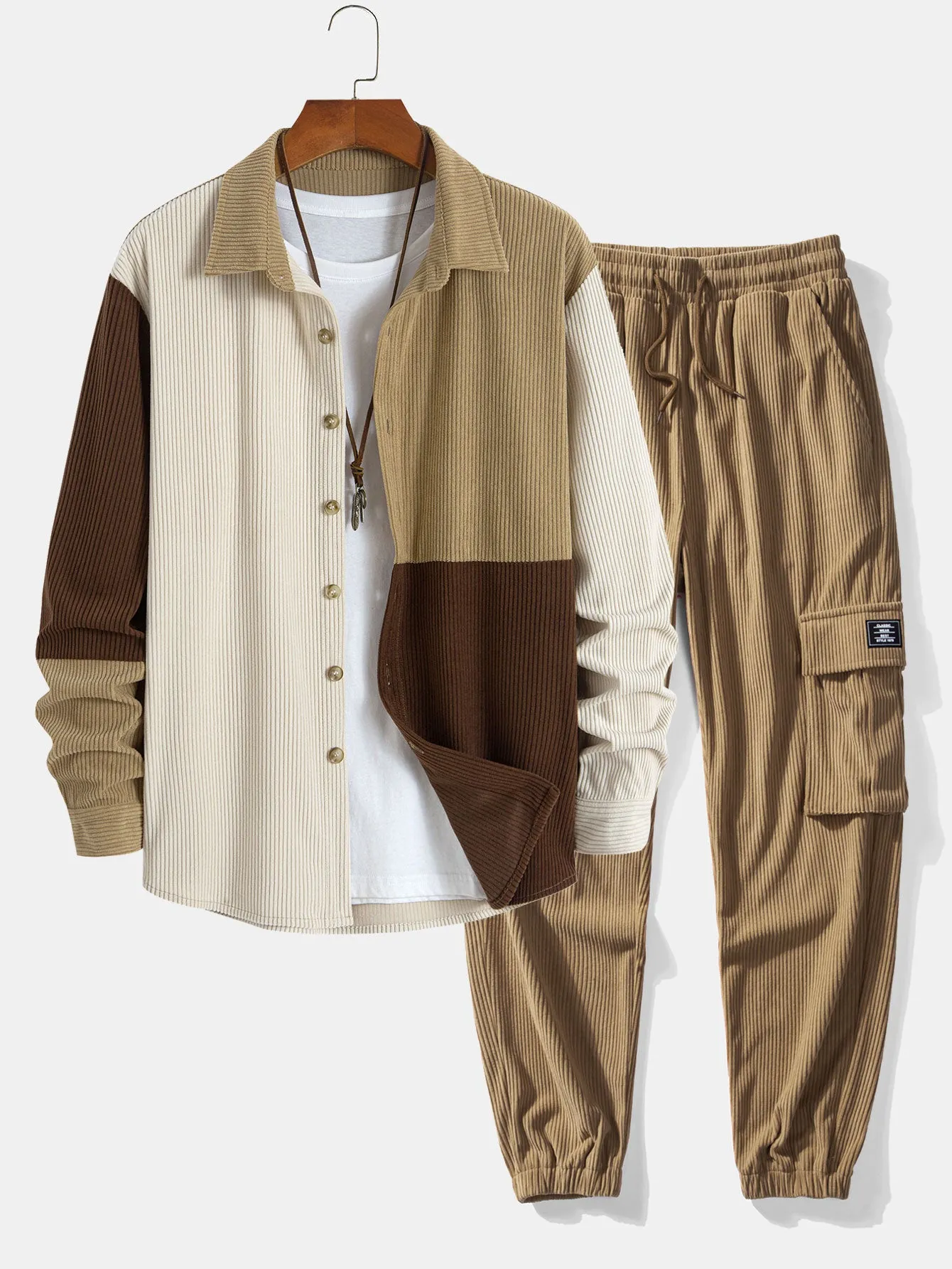 Colorblock Corduroy Button Up Shirt & Drawstring Corduroy Cargo Jogger Pants sold by Hoooyi product image thumbnail 2