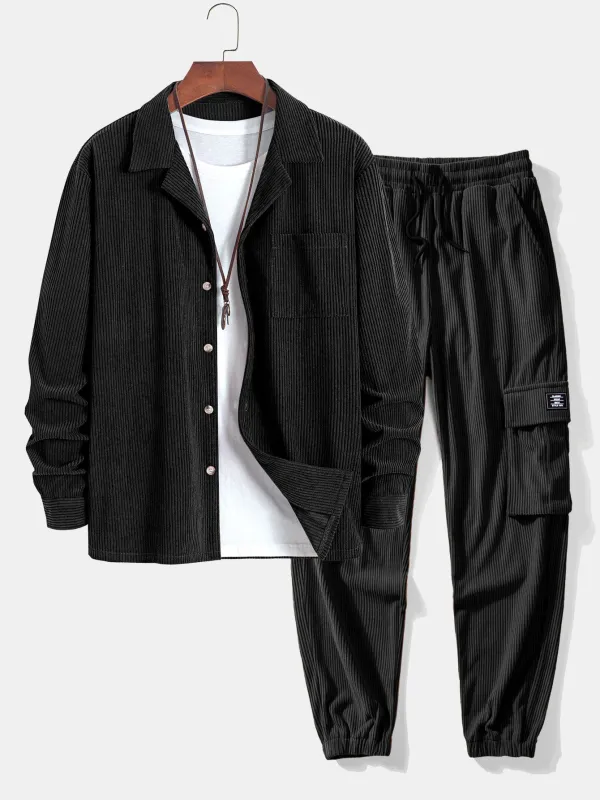 Long Sleeve Corduroy Cuban Collar Shirt & Drawstring Corduroy Cargo Jogger Pants sold by Hoooyi