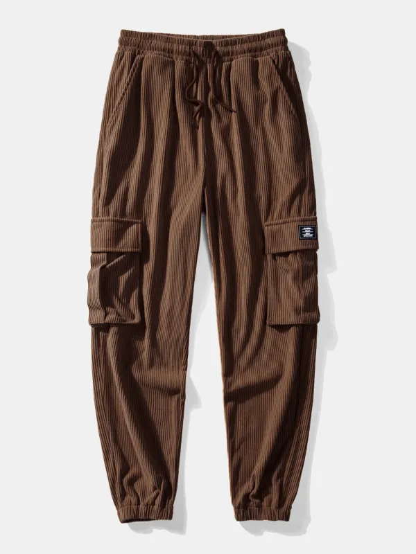 Drawstring Corduroy Cargo Jogger Pants sold by Hoooyi